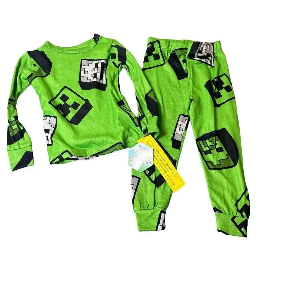 Minecraft‎ Pajamas Set Boys 4 Green Long Sleeve All Over Print 2 Set Pajama NEW